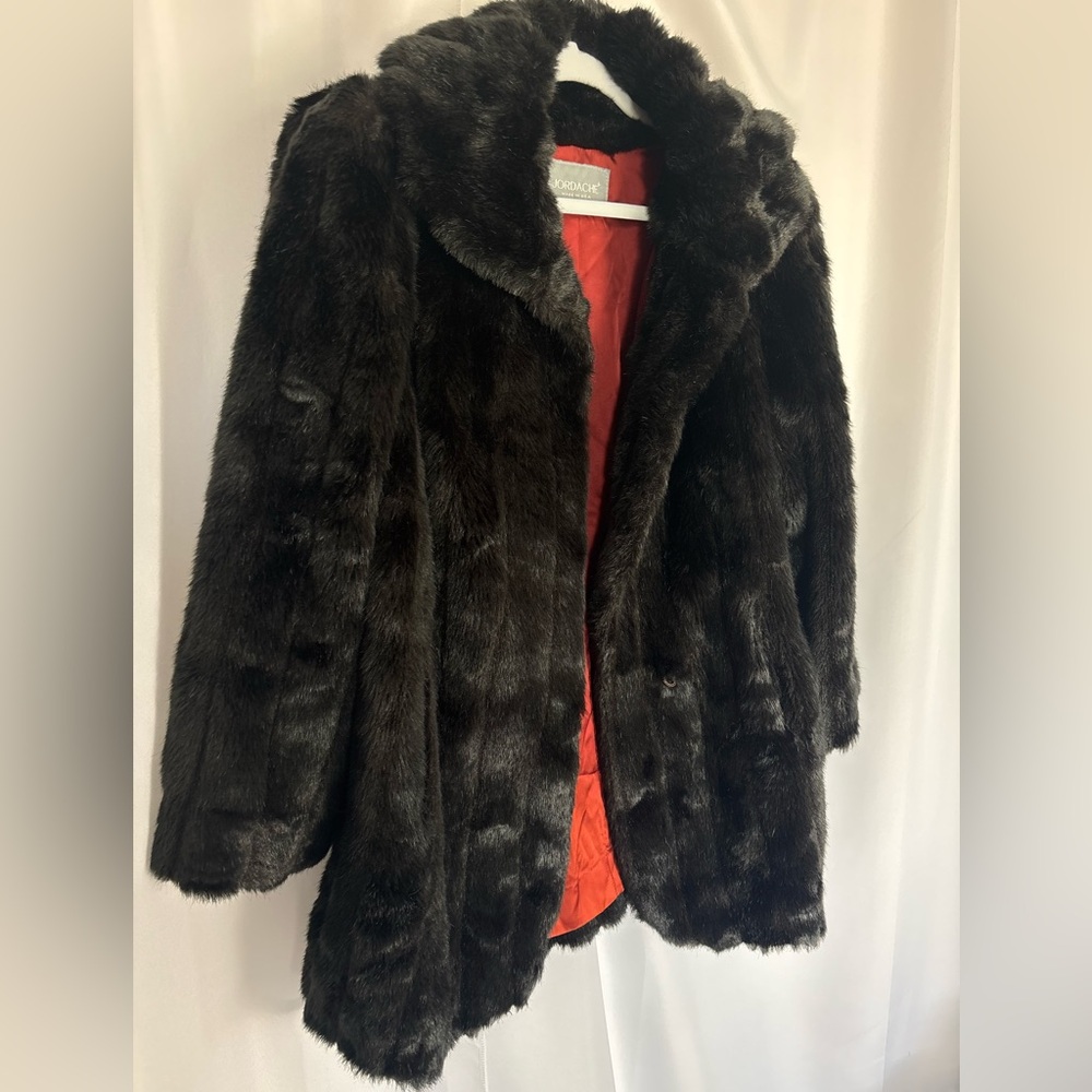 Vintage 80s Jordache Faux Fur Jacket Black Brown Plush Orange Lining Sz 12
